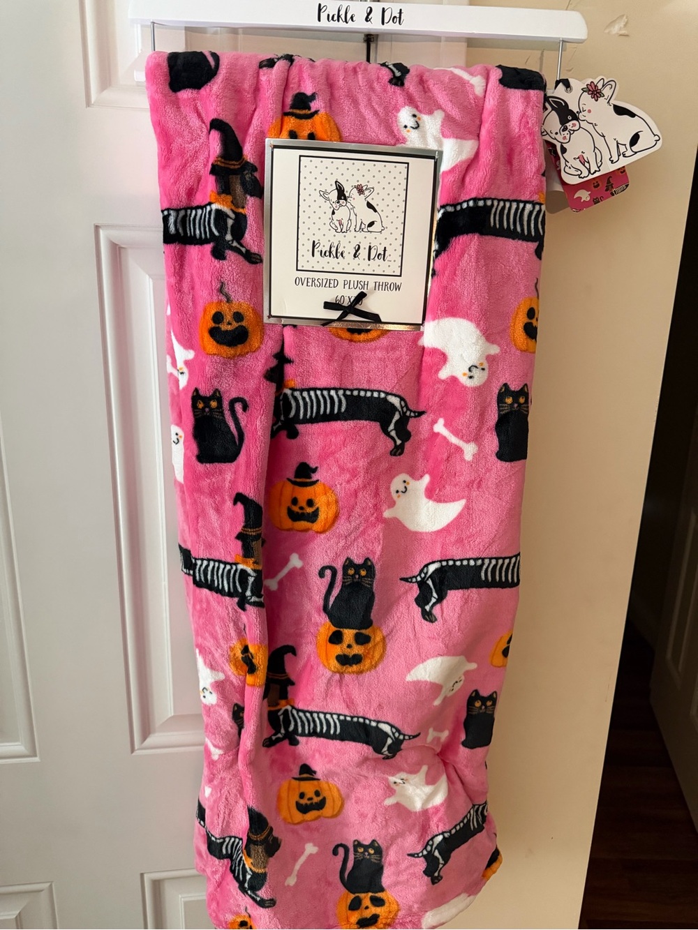Pickle & Dot Halloween Plush Throw Blanket with Skeleton Dachshunds & Cats
